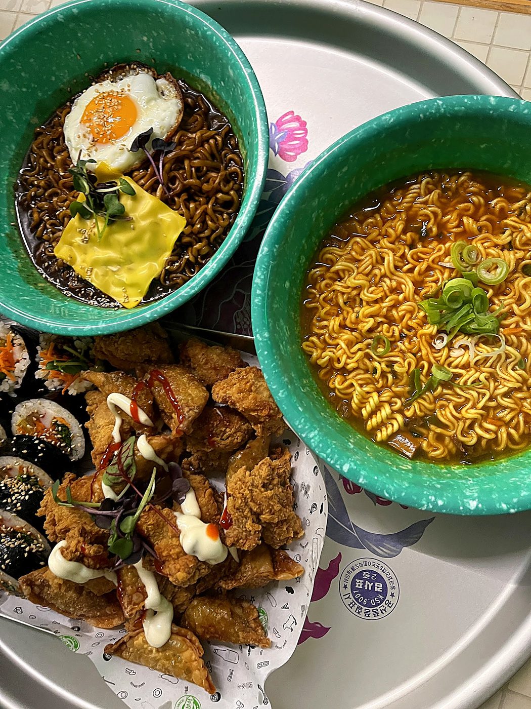 Retro Enamel Bowls with Jajangmyeon, Ramen & Kimbap
